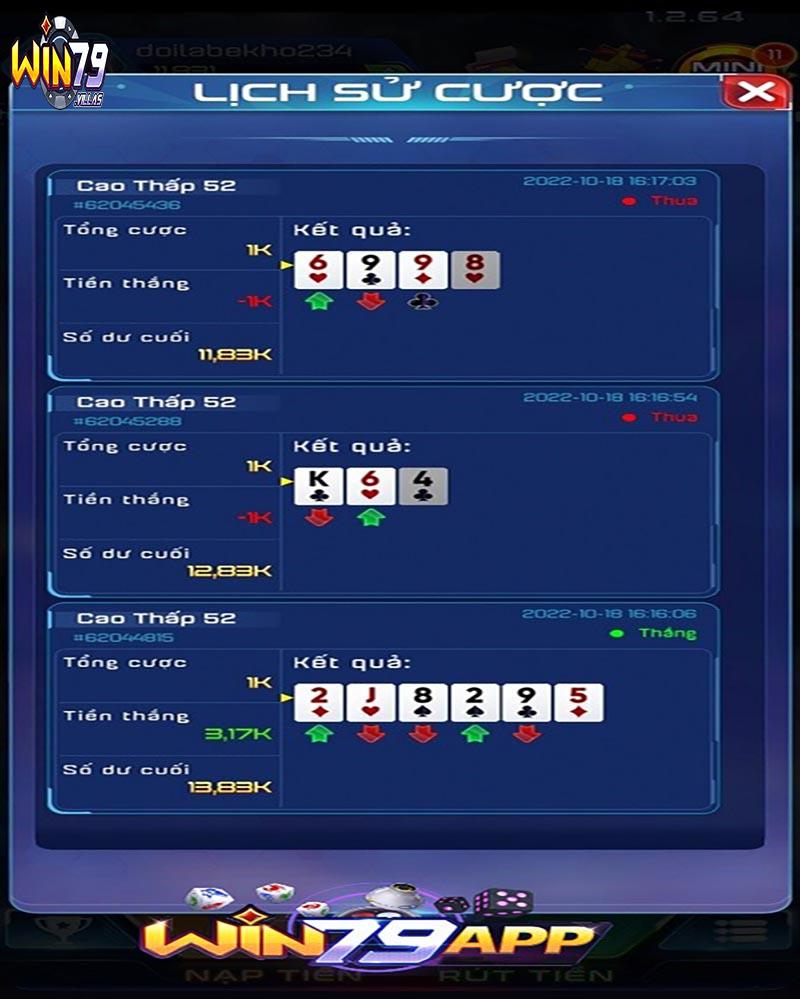 Mức thưởng cho trò chơi Cao thấp 52 lá Win79